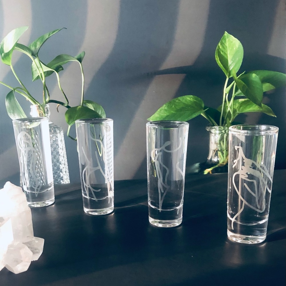 Female Line Art Etched Shot Glasses set of 4